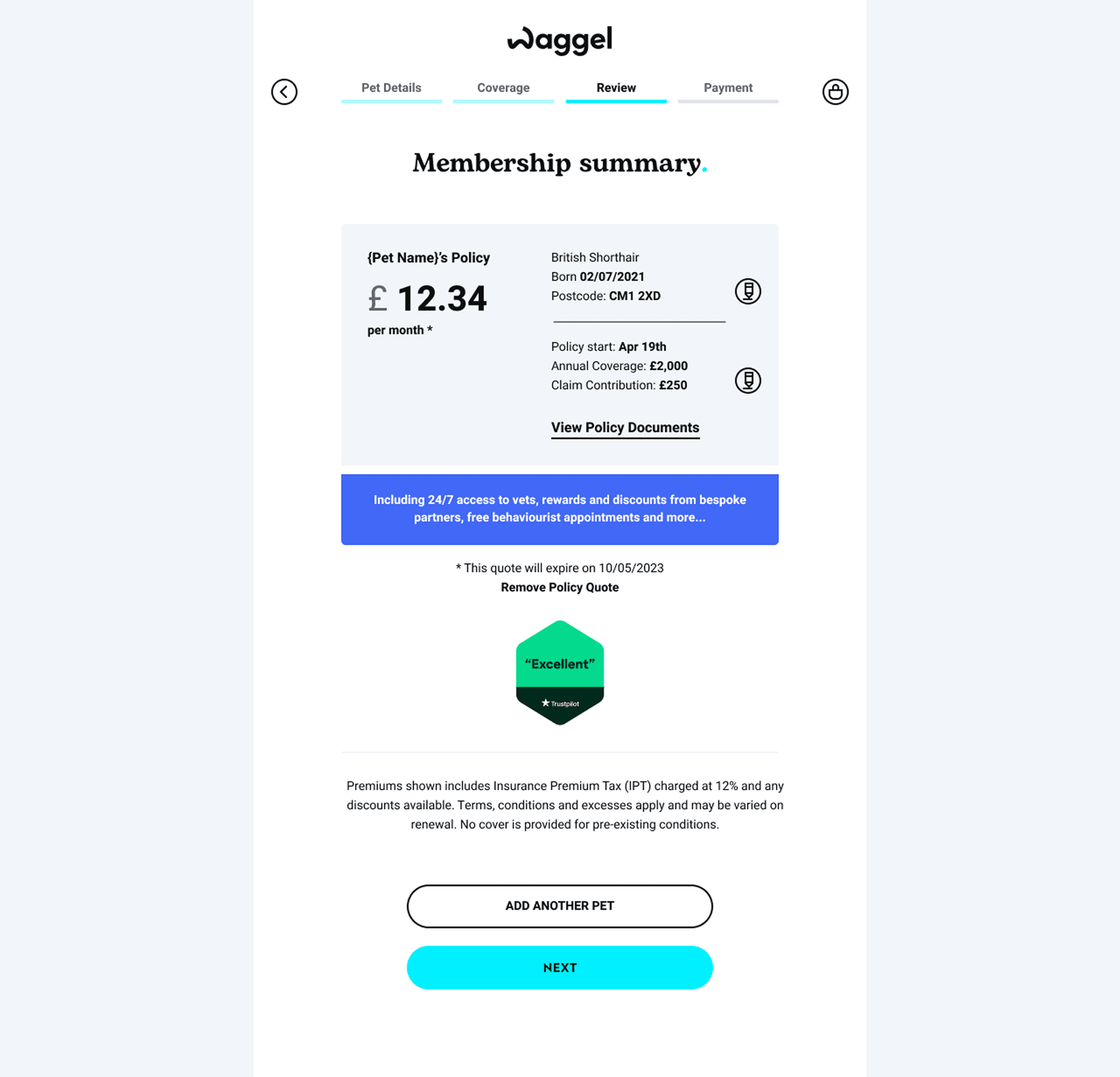 Original desktop basket showing the Waggel membership summary, monthly price and next step.