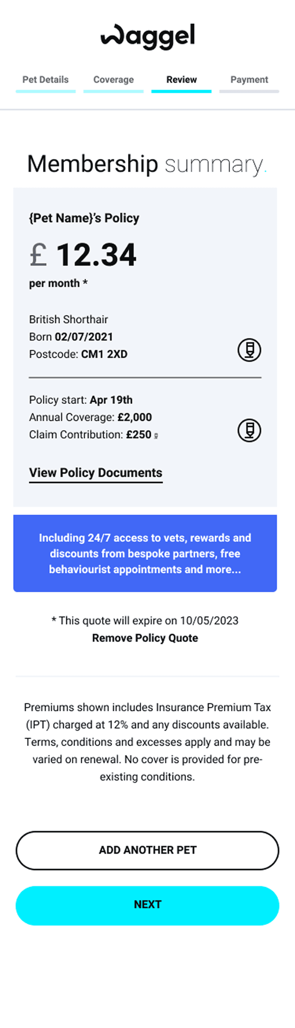 Original mobile basket showing the Waggel membership summary, monthly price and next step.