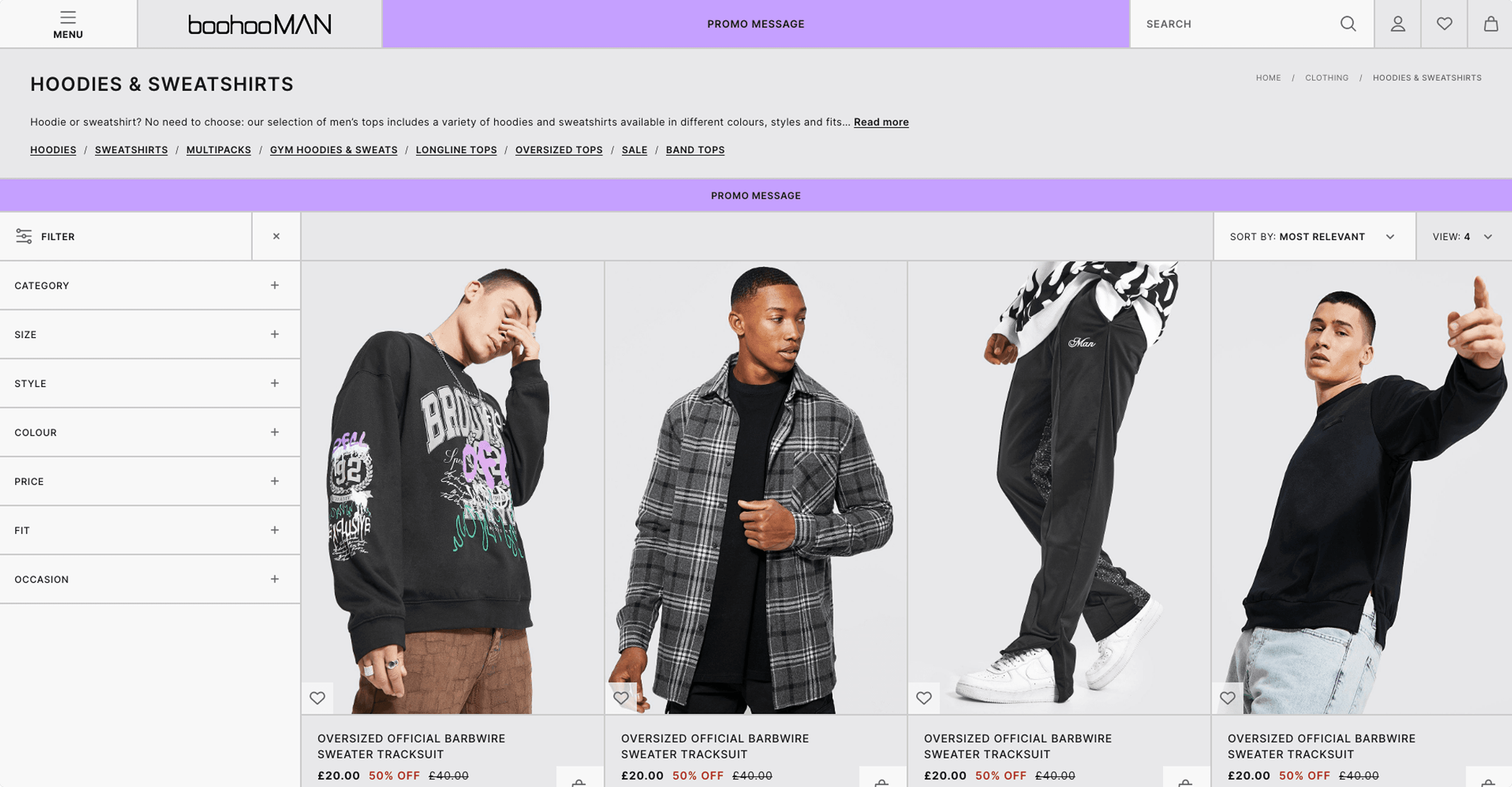 Redesigned BoohooMAN desktop listing for hoodies and sweatshirts, with filters and a product grid.