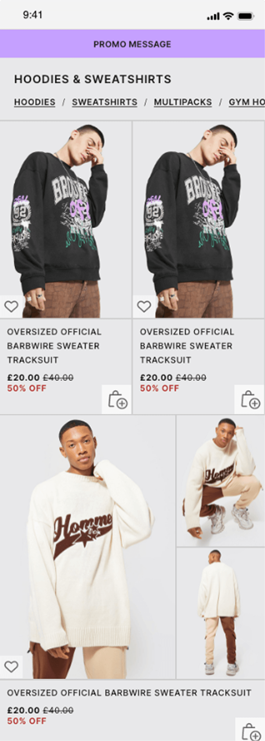Redesigned BoohooMAN mobile listing for hoodies and sweatshirts.