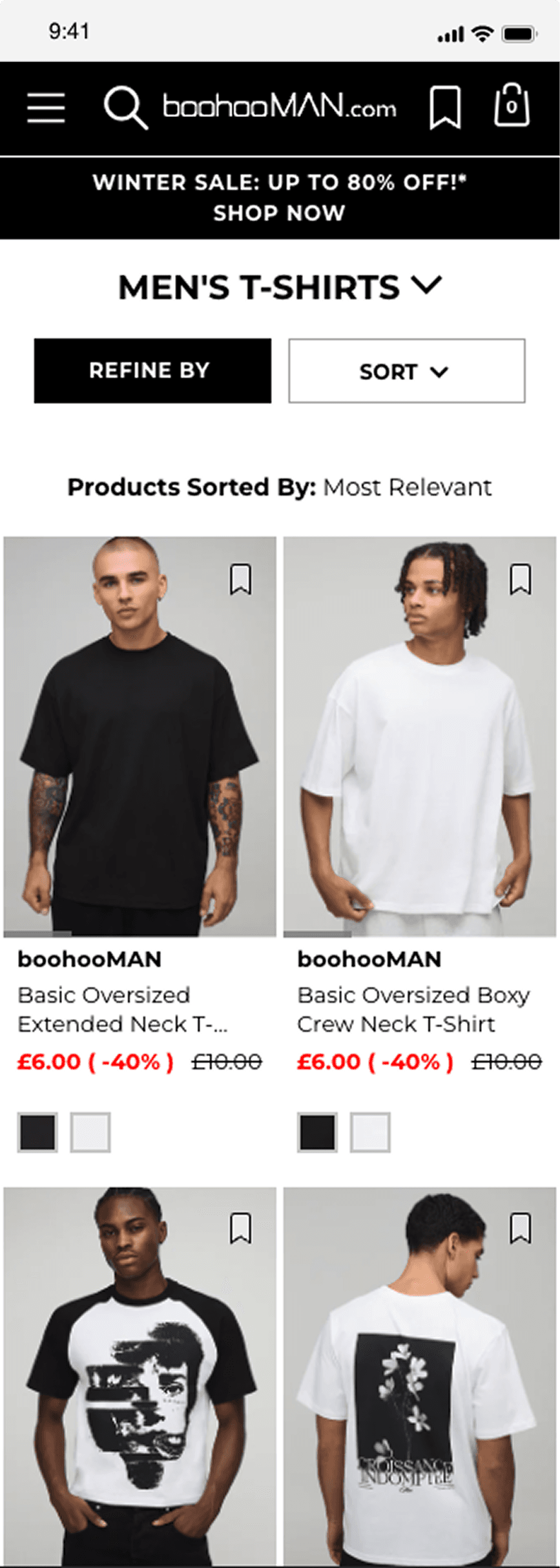 Original BoohooMAN mobile listing for men's t-shirts, with refine and sort controls.