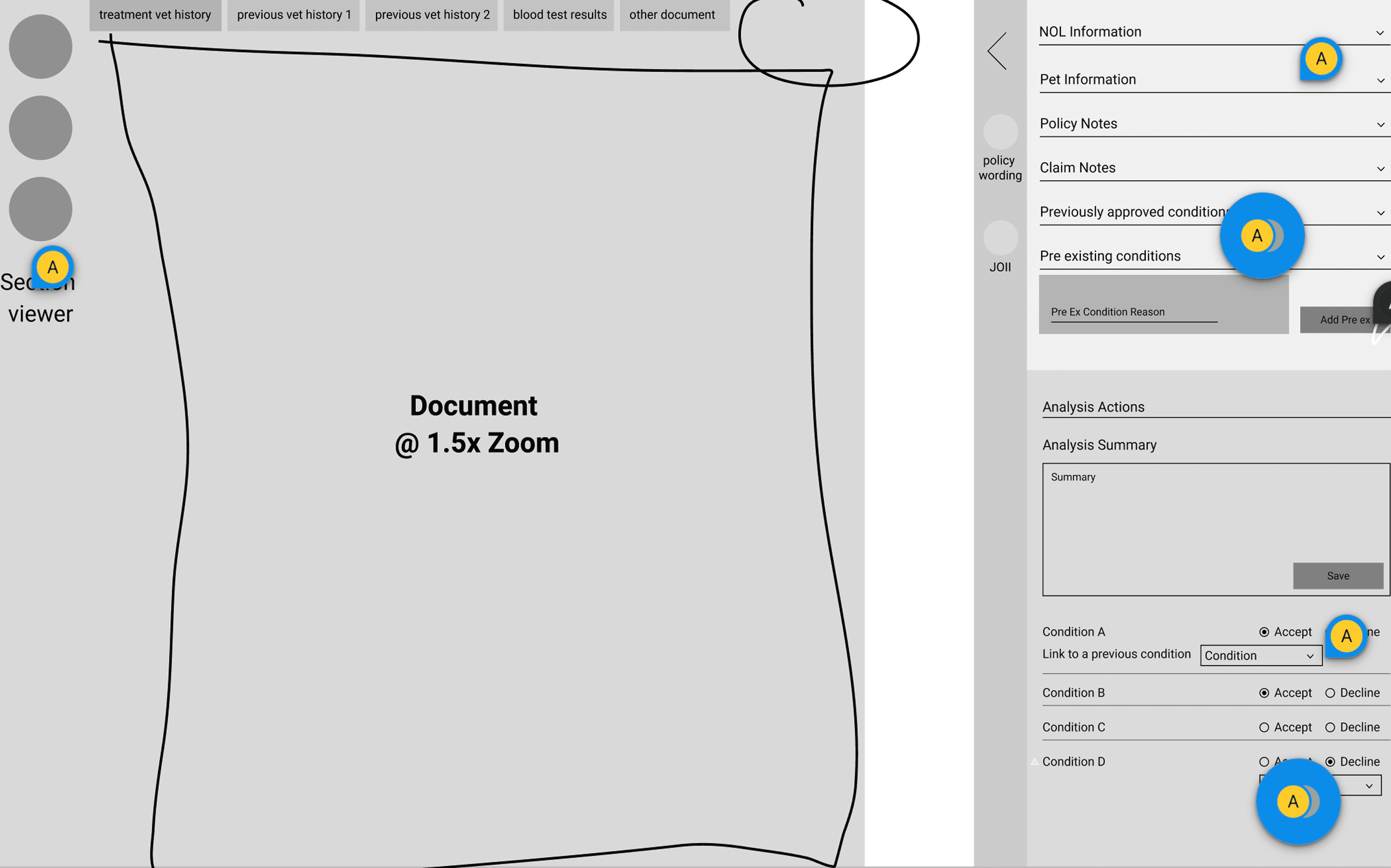 Early exploration of the claims analysis screen, with a document viewer beside policy, claim and condition details.