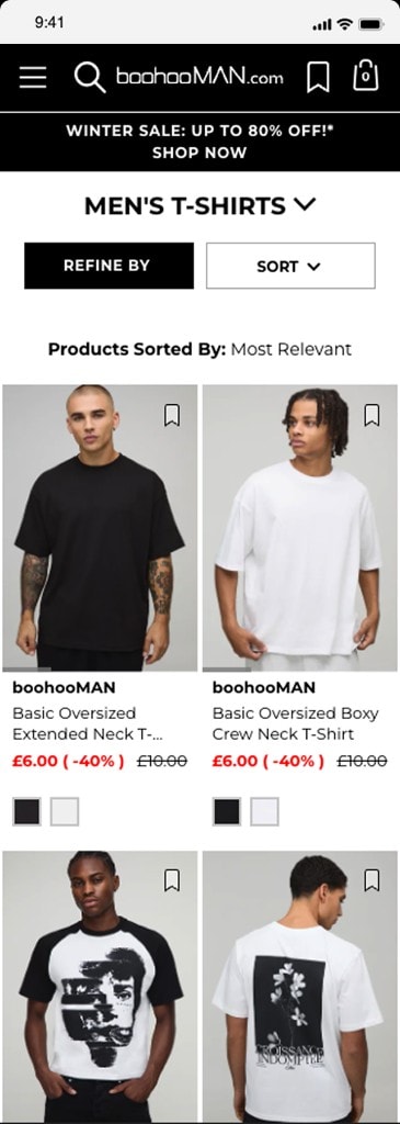 Original BoohooMAN product listing for men's t-shirts, with filters, sort and sale prices.