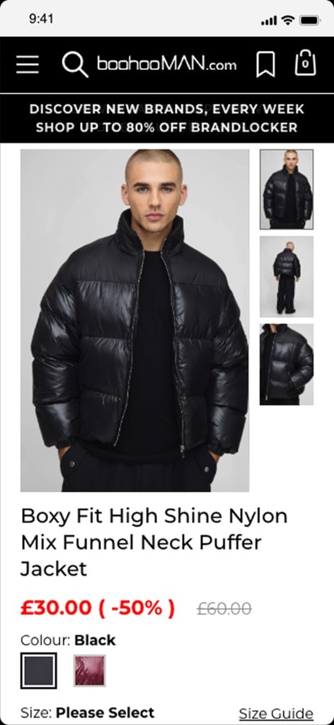 Original BoohooMAN mobile product page for a jacket, with price, colour and size options.