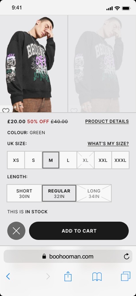 Mobile BoohooMAN quick buy, with colour, size, length and add to cart.