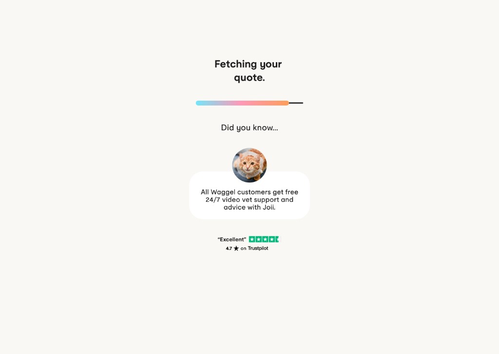 Desktop loading screen while a quote is fetched, with a fact about free 24/7 video vet support and the Trustpilot score.