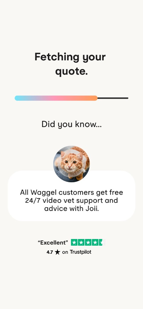 Mobile loading screen while a quote is fetched, with a fact about free 24/7 video vet support and the Trustpilot score.