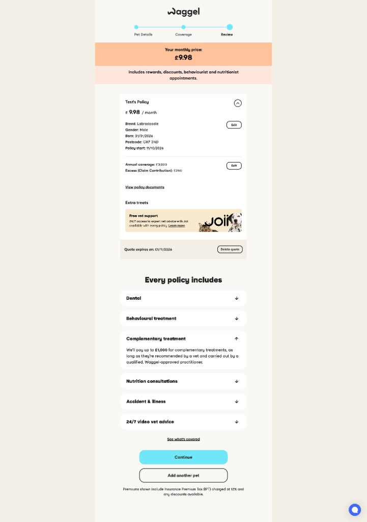 Desktop view of the redesigned Waggel quote review.