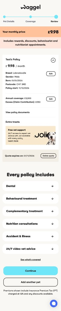 Mobile view of the redesigned Waggel quote review.