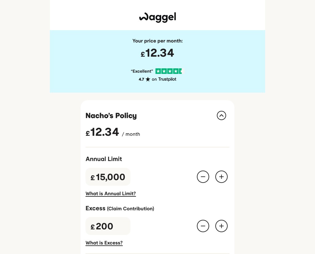 Desktop basket concept with inline controls for annual limit and excess on a pet policy.