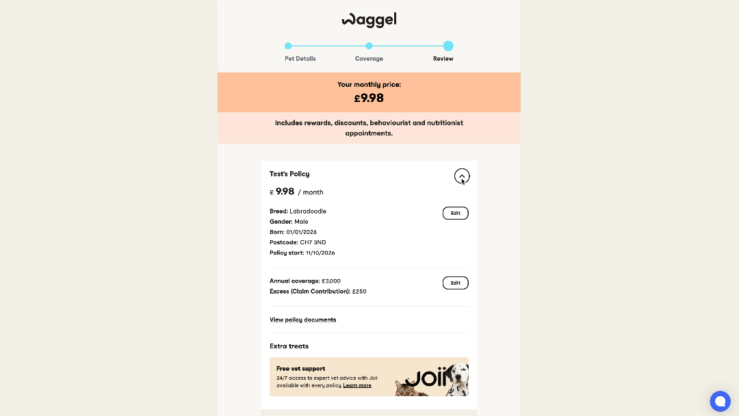 Live version of the redesigned Waggel basket page.