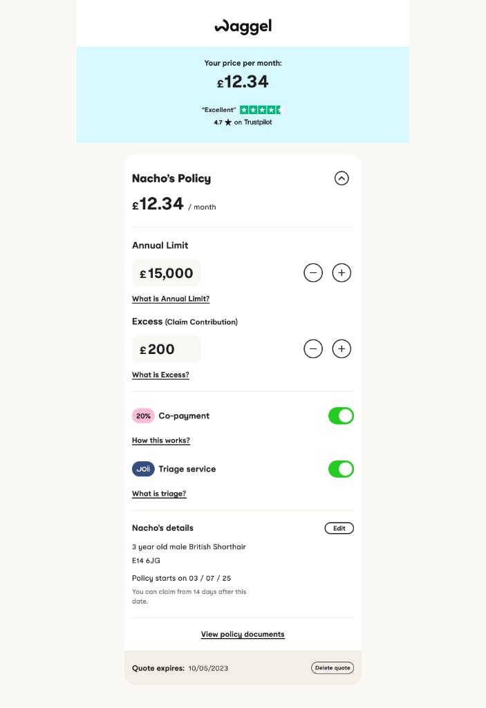 Desktop concept for inline editing of a pet policy, including cover limits, excess and pet details.