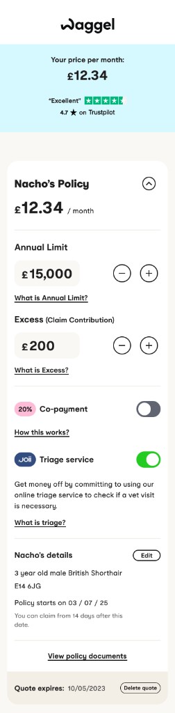 Mobile concept for inline editing of a pet policy, including cover limits, excess and pet details.