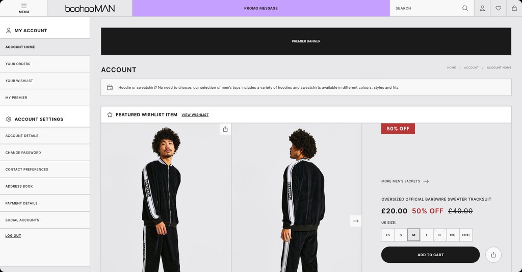 Desktop BoohooMAN account with a featured wishlist item.