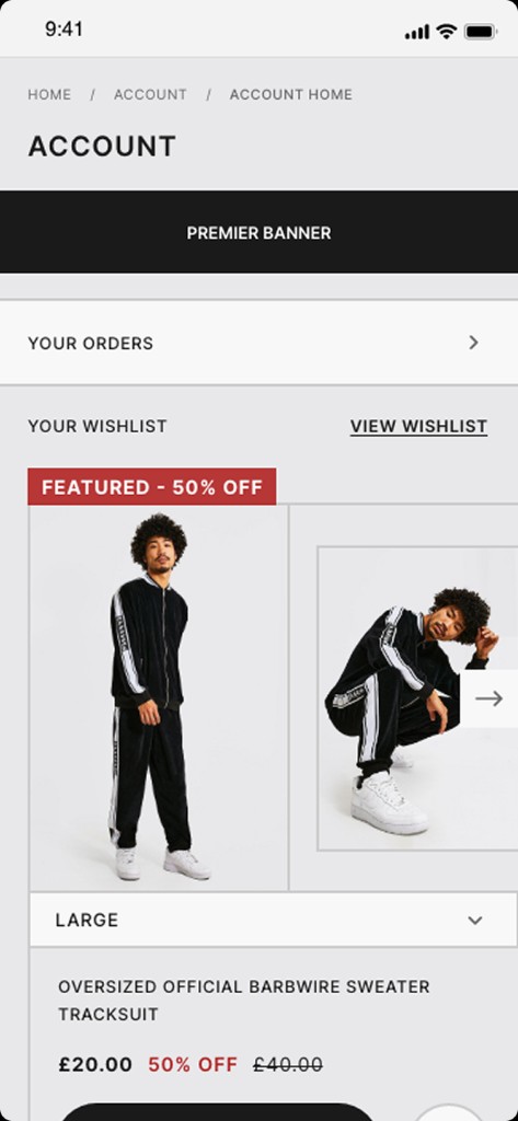 Mobile BoohooMAN account with orders and wishlist.