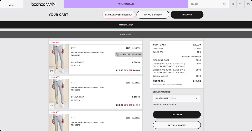 Desktop BoohooMAN cart with items and checkout.
