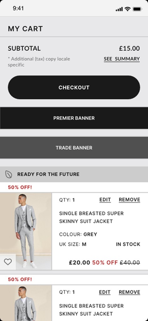 Mobile BoohooMAN cart with subtotal and checkout.