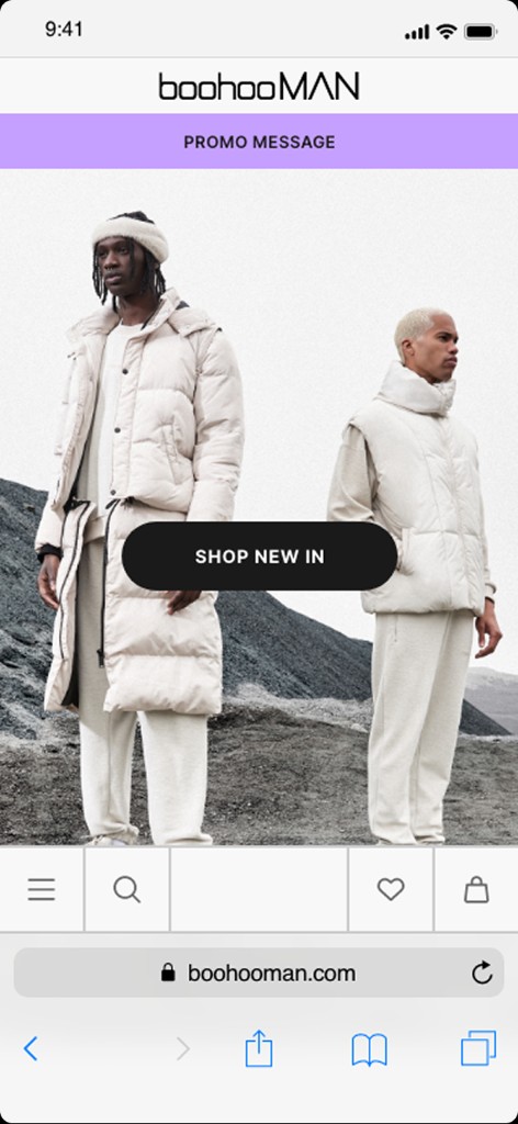 Mobile BoohooMAN homepage with a shop new in button.