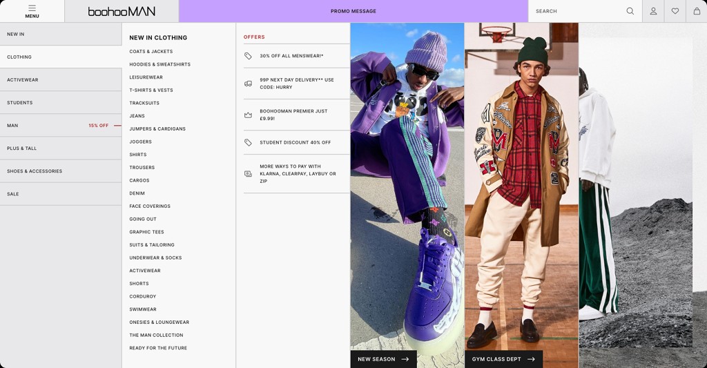Desktop BoohooMAN menu with clothing categories and offers.
