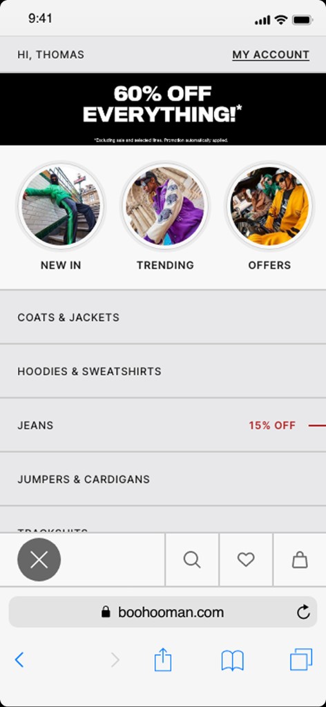 Mobile BoohooMAN menu with new in, trending and offers.