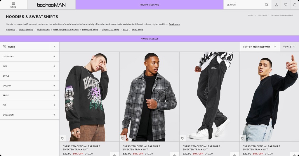 Desktop BoohooMAN product listing for hoodies and sweatshirts.