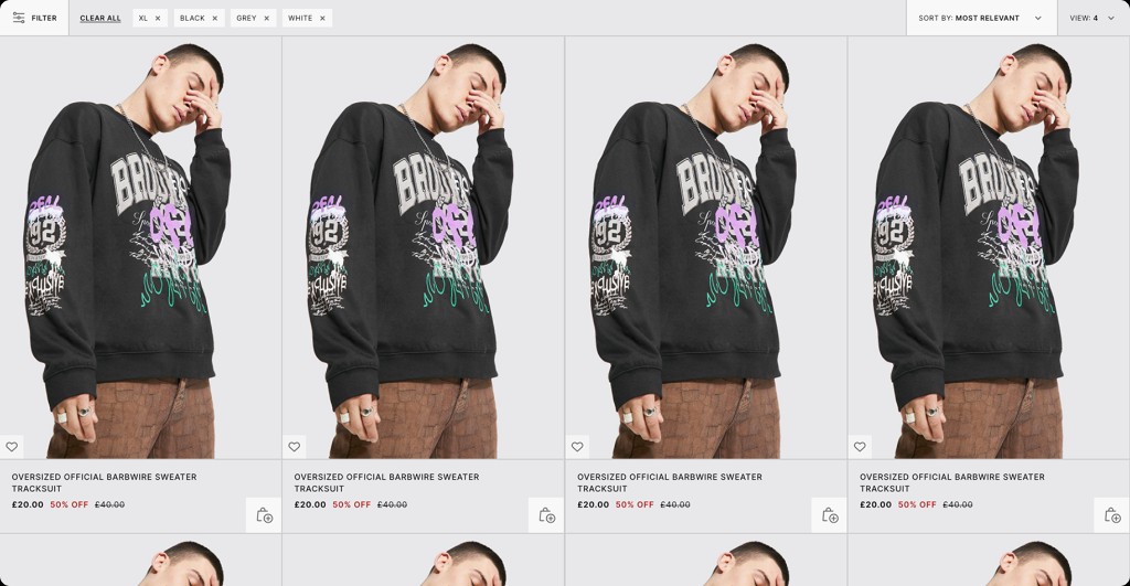 Desktop BoohooMAN product listing with size and colour filters applied.