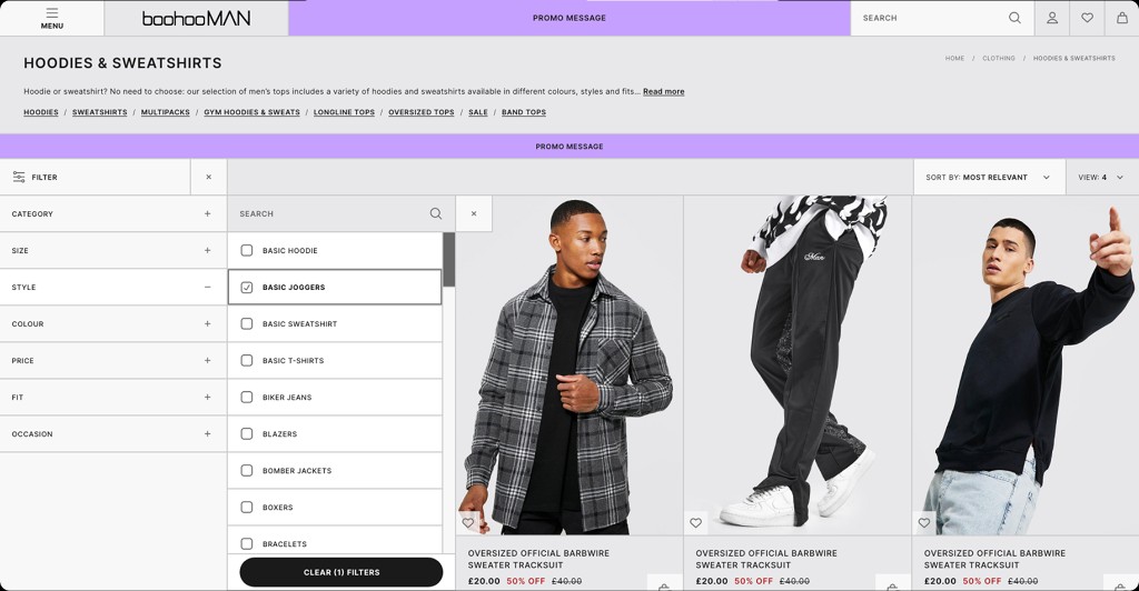 Desktop BoohooMAN product listing with the style filter open.