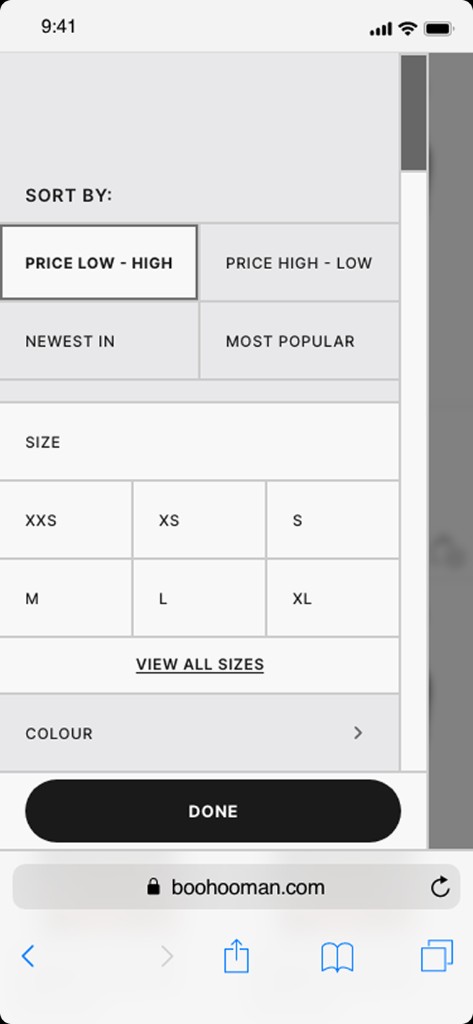 Mobile BoohooMAN sort and filter sheet.