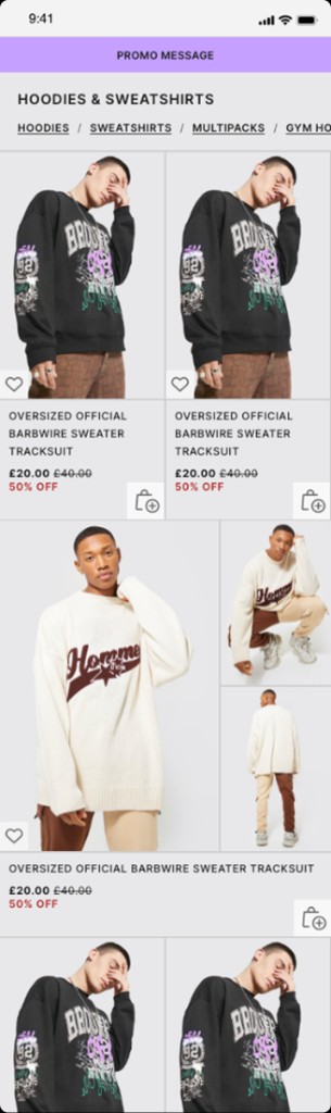 Mobile BoohooMAN product listing for hoodies and sweatshirts.