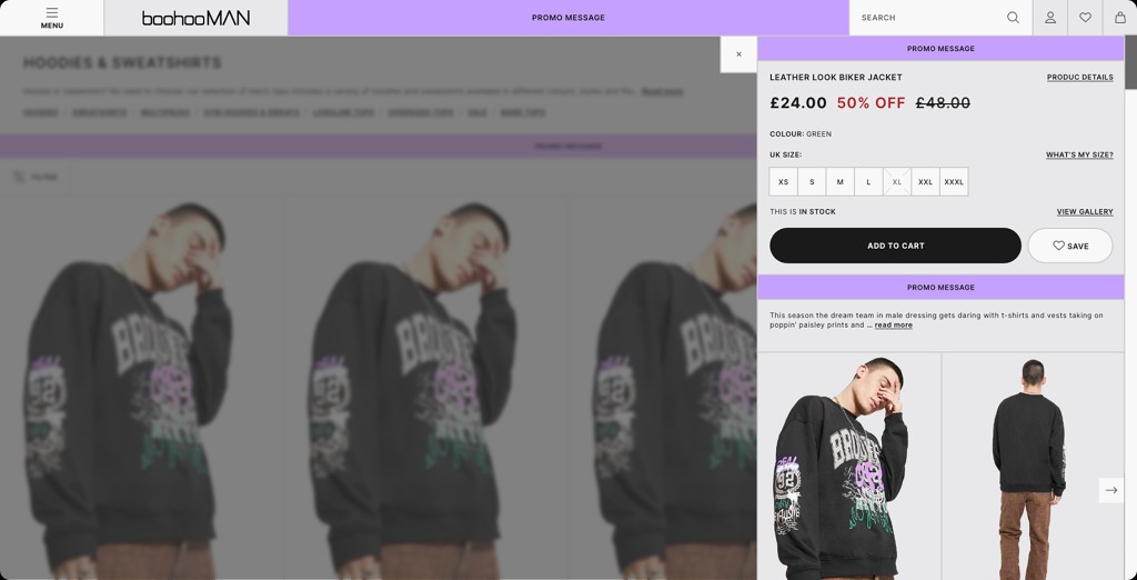 Desktop BoohooMAN quick buy over a product listing.