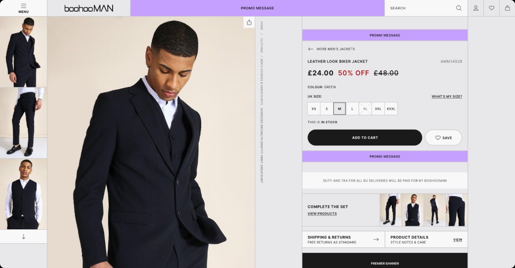 Desktop BoohooMAN product page with a complete the set upsell.