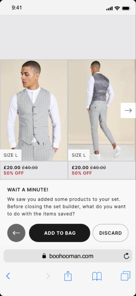 Mobile BoohooMAN set builder asking whether to add the saved items to bag.