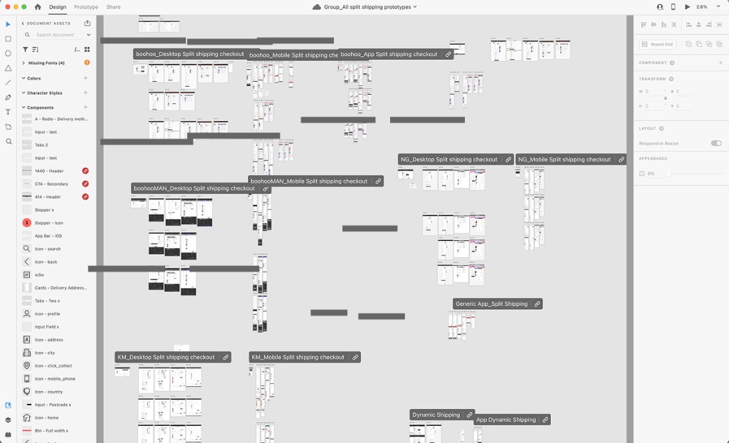 Working XD file showing design variations across Boohoo, BoohooMAN and other split-shipping checkouts.