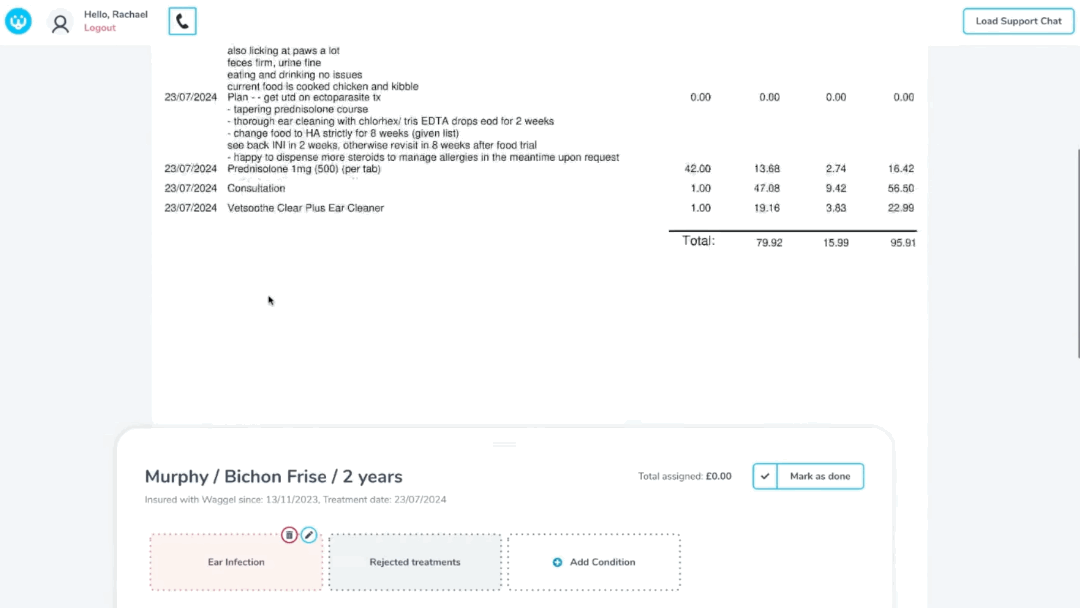 The old claims platform, showing a pet's medical history, treatment costs and claim actions.