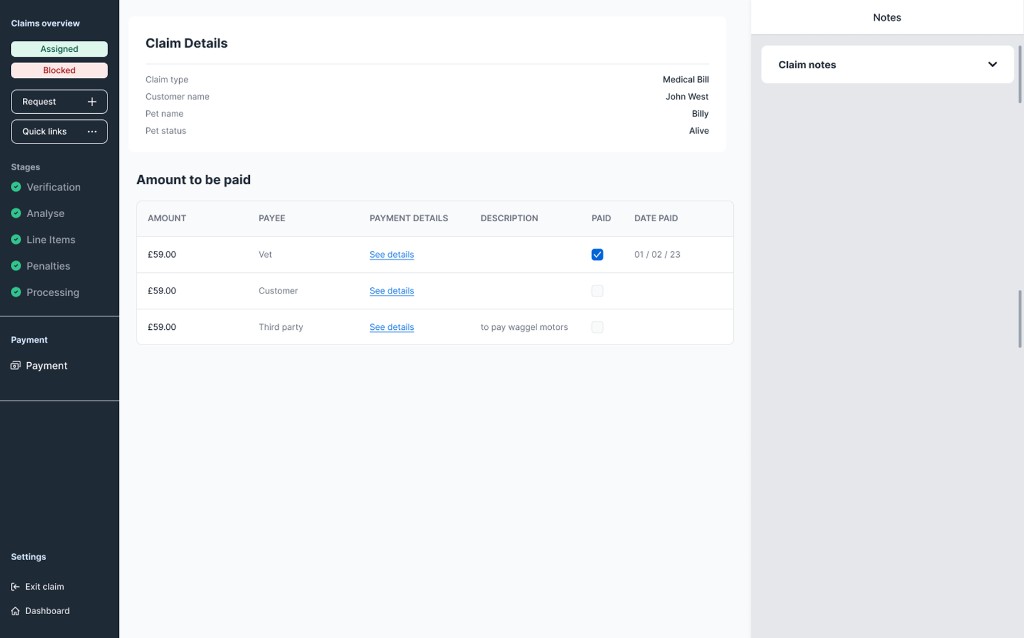 Payment stage of the claims platform.
