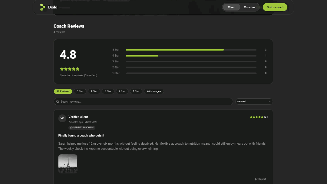 The Diald review system, showing how client reviews are collected and displayed.