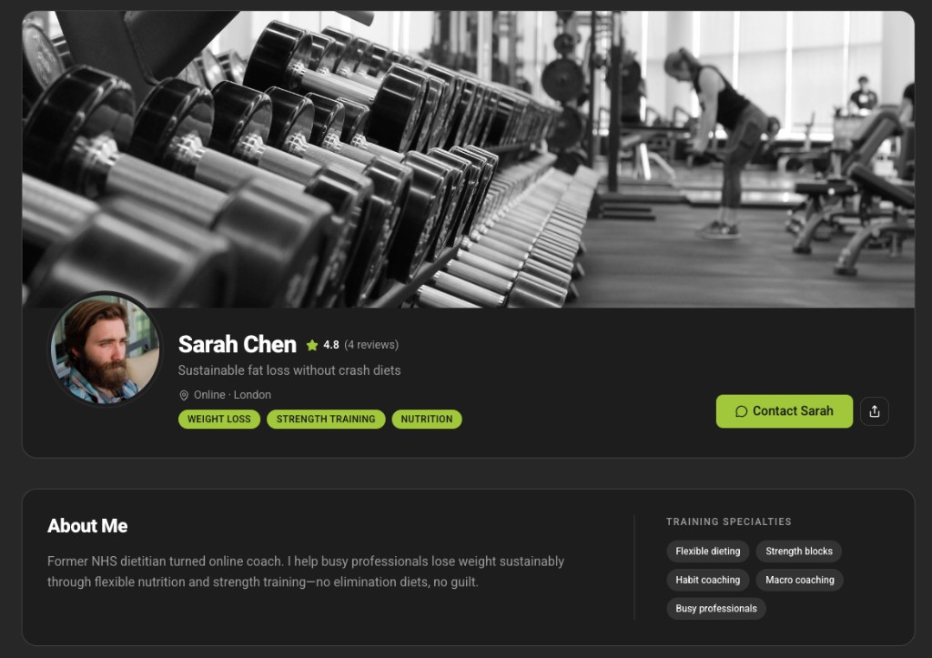 Diald coach profile, showing a coach's public page with photo, reviews, specialties and a contact button.