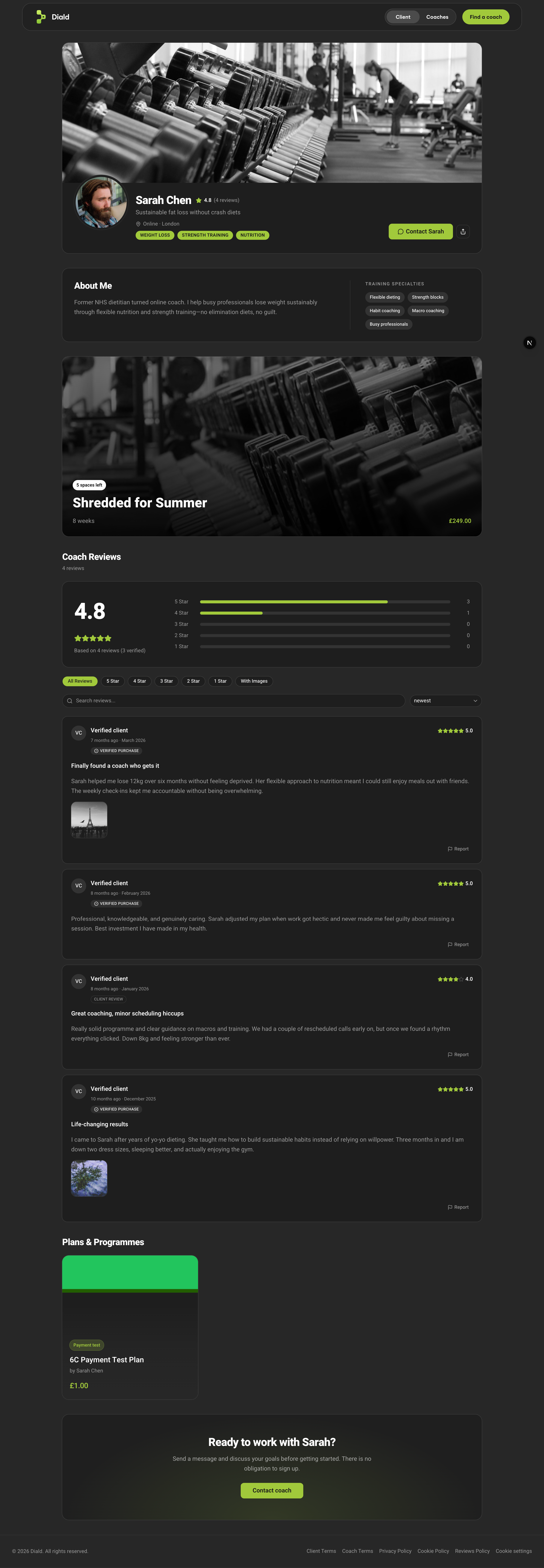 Desktop view of a Diald coach profile.