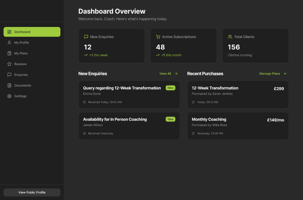 Early concept of a coach dashboard overview, with navigation, summary cards, new enquiries and recent purchases.