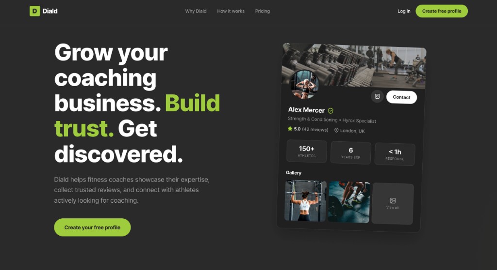 Desktop landing concept with the line Grow your coaching business, and a coach profile for Alex Mercer.