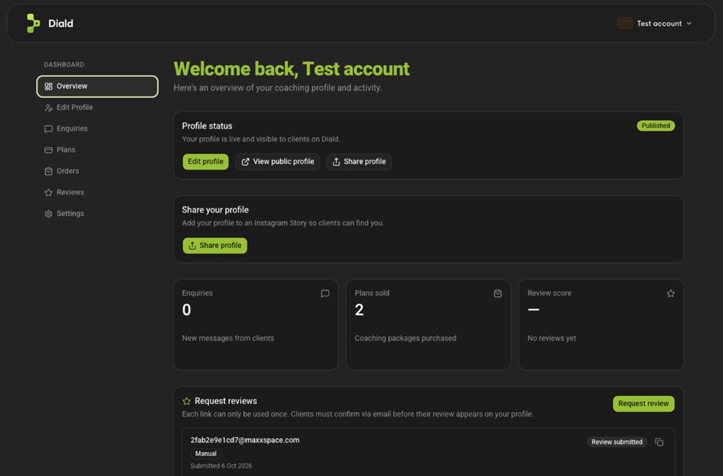Live coach dashboard for a test account, with profile status, profile sharing, activity stats and a review request.